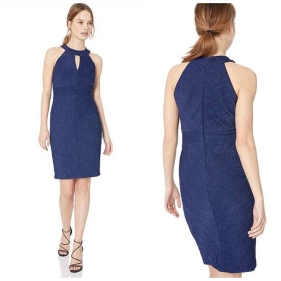 Eliza J Womens 12 Halter Neck Sheath Dress Navy Blue Metallic Stripe Cutout - Picture 12 of 12